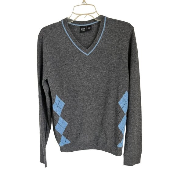 Hugo Boss Merino Wool V-Neck Gray Light Blue Argyle Small - Picture 1 of 11